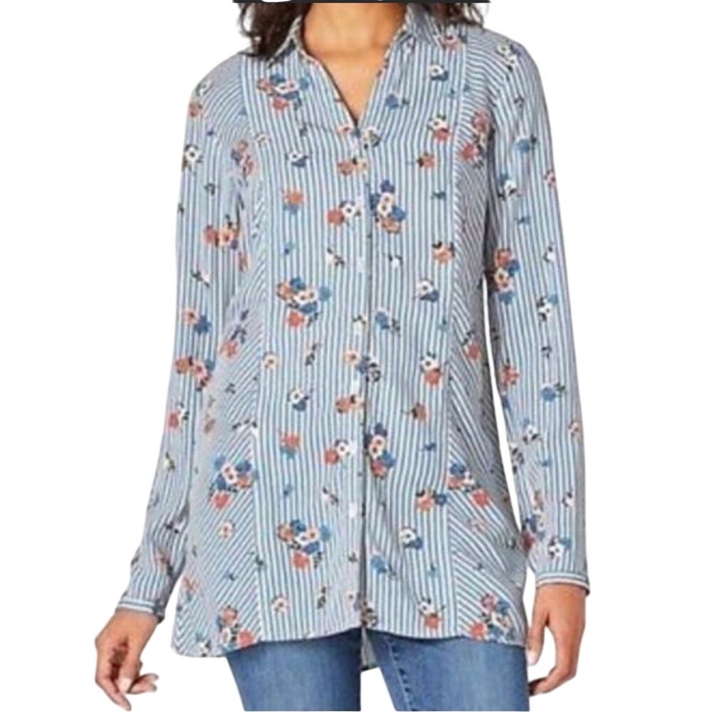 J. Jill Floral Striped Button Front Tunic Shirt - Size Small